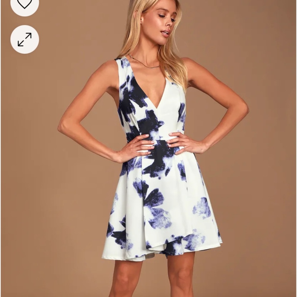 Seeing Chic Blue and Ivory Print Skater Dress, XS